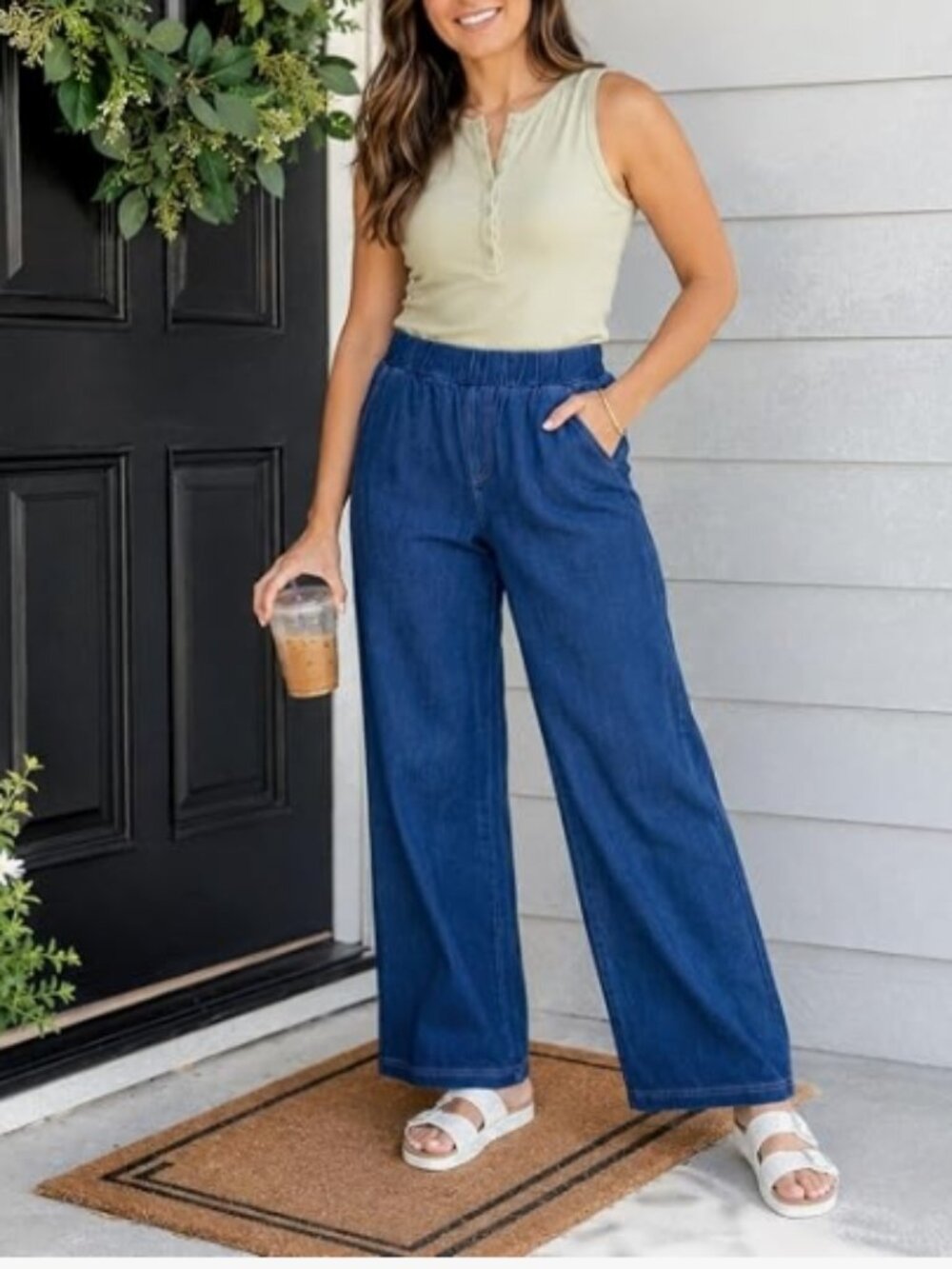 Women's Pull-On Wide Leg Jeans, Stretch Sweatpant Denim Pants